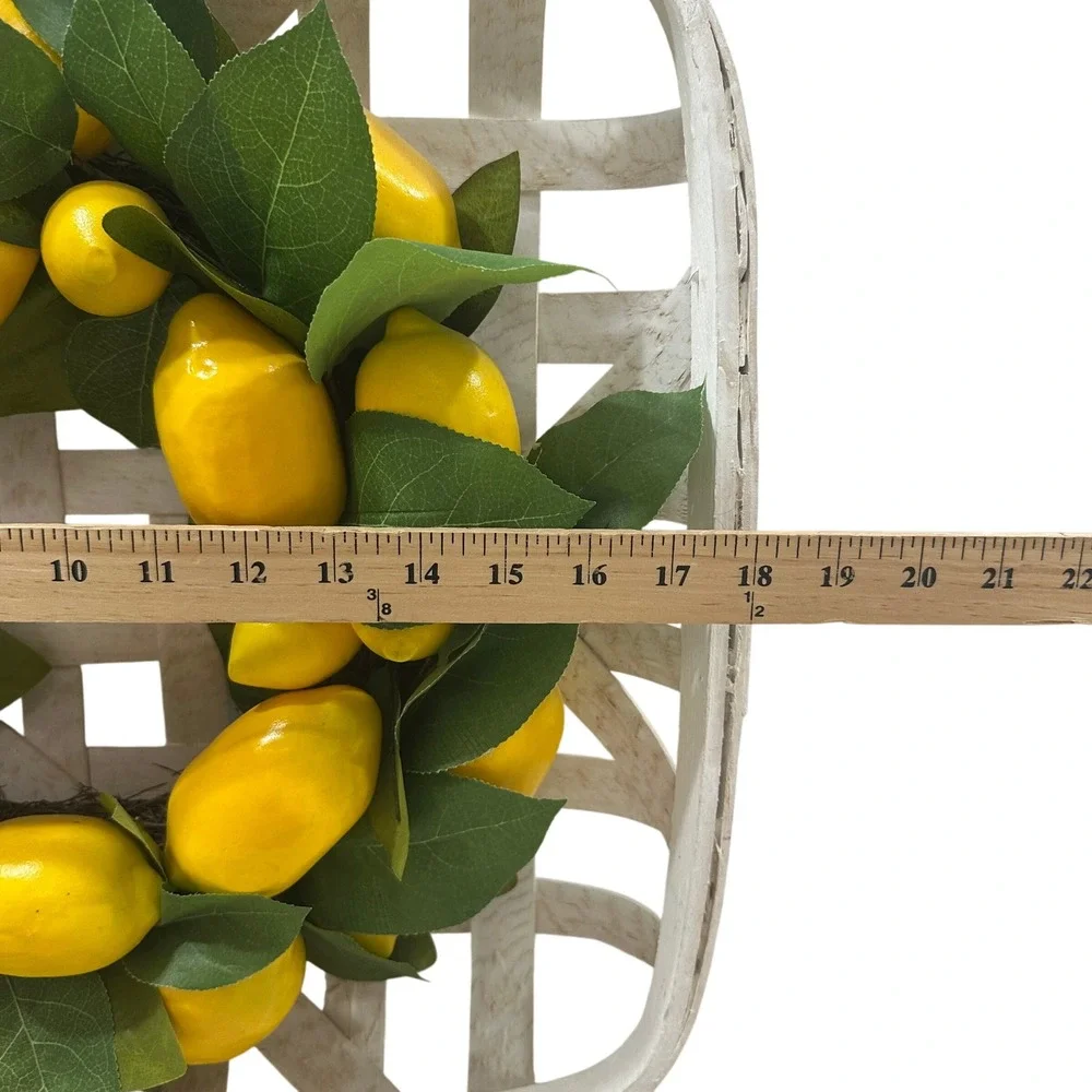 Lemon Wreath‎ in White Tobacco Basket Farmhouse Wall Decor 18x18 Yellow Citrus